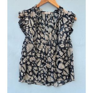 Ulla Johnson Navy and Cream Floral Ruffle Sleeve Blouse